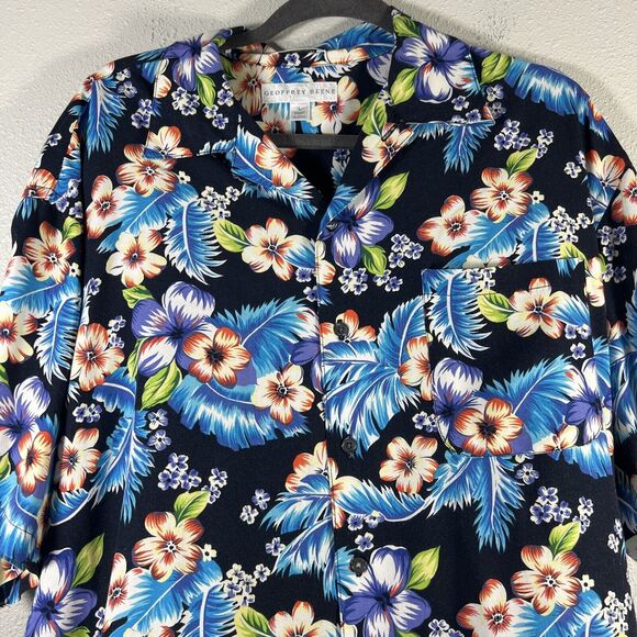 Geoffrey Beene Hawaiian Shirt Mens L Aloha Blue Tropical Floral Top Button - Picture 3 of 11